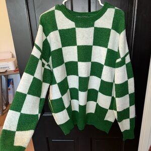 Papermoon Green and White Checkerboard Crewneck Sweater
